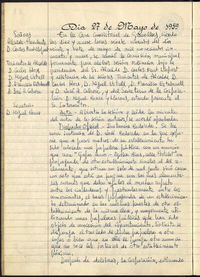 Actes de la Comissió Municipal Permanent, 27/5/1959, Sessió ordinària [Acta]