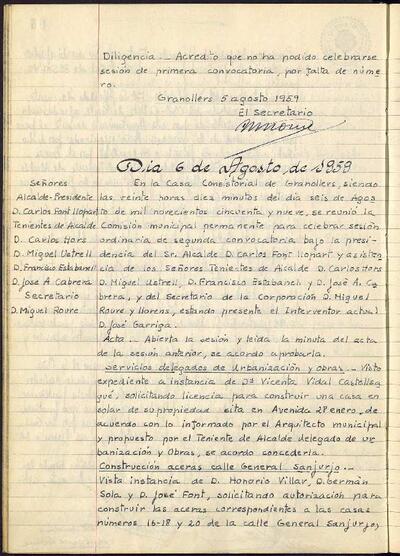 Actes de la Comissió Municipal Permanent, 6/8/1959, Sessió ordinària [Acta]