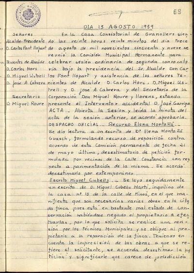 Actes de la Comissió Municipal Permanent, 13/8/1959, Sessió ordinària [Acta]