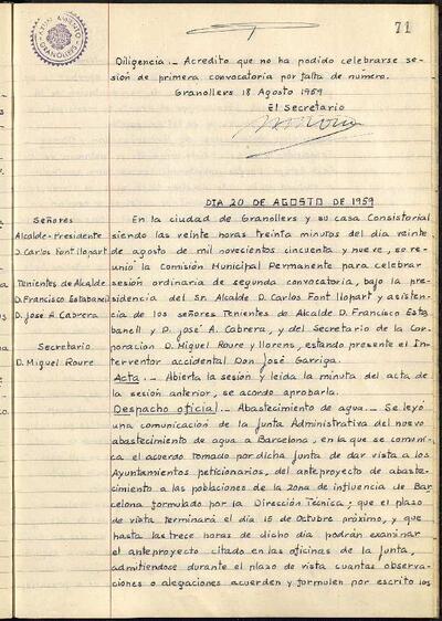 Actes de la Comissió Municipal Permanent, 20/8/1959, Sessió ordinària [Acta]