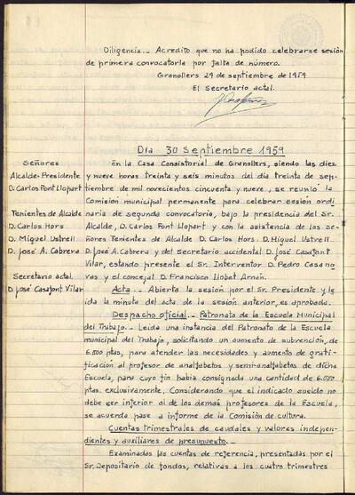 Actes de la Comissió Municipal Permanent, 30/9/1959, Sessió ordinària [Acta]