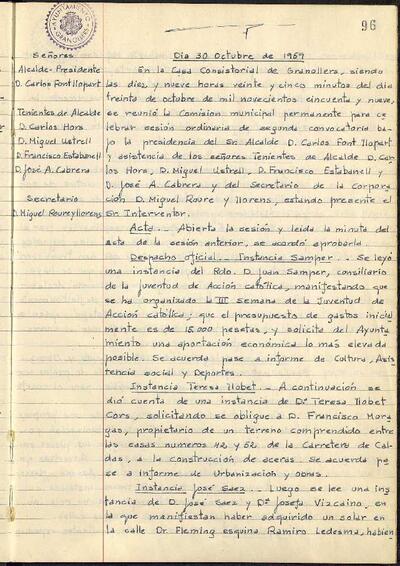 Actes de la Comissió Municipal Permanent, 30/10/1959, Sessió ordinària [Acta]