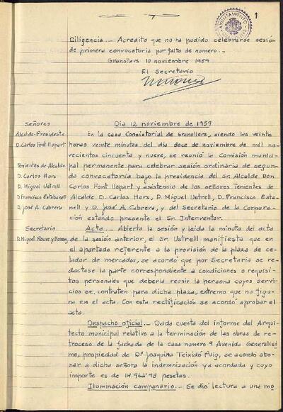 Actes de la Comissió Municipal Permanent, 12/11/1959, Sessió ordinària [Acta]