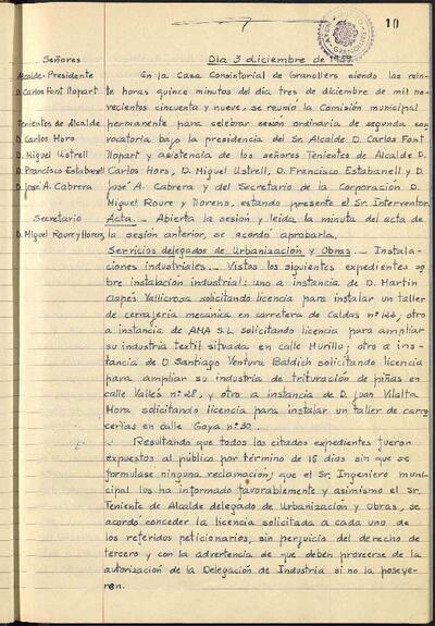 Actes de la Comissió Municipal Permanent, 3/12/1959, Sessió ordinària [Acta]