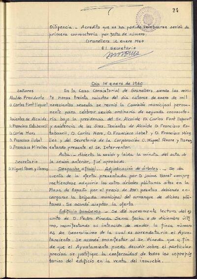 Actes de la Comissió Municipal Permanent, 14/1/1960, Sessió ordinària [Acta]