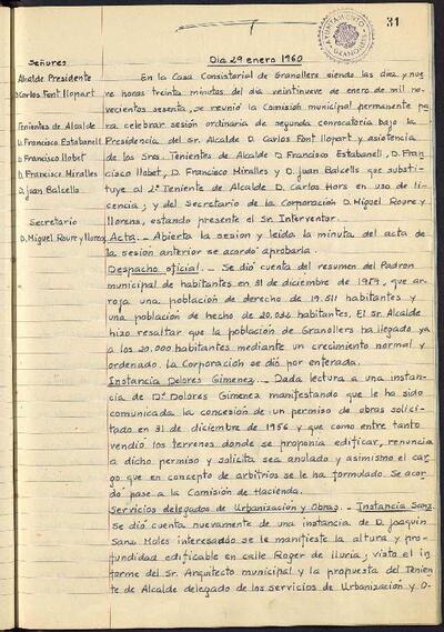 Actes de la Comissió Municipal Permanent, 29/1/1960, Sessió ordinària [Acta]