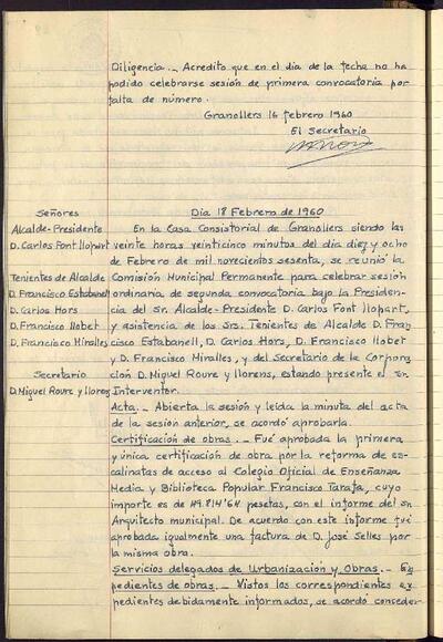 Actes de la Comissió Municipal Permanent, 18/2/1960, Sessió ordinària [Acta]