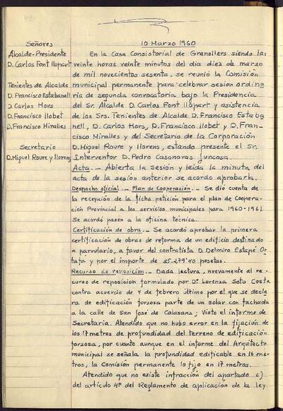 Actes de la Comissió Municipal Permanent, 10/3/1960, Sessió ordinària [Acta]