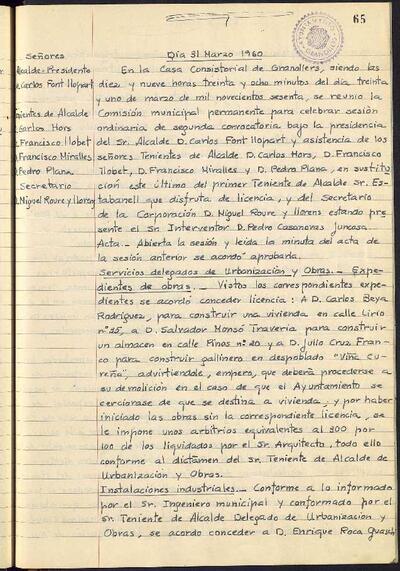 Actes de la Comissió Municipal Permanent, 31/3/1960, Sessió ordinària [Acta]