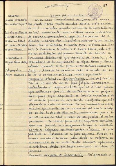 Actes de la Comissió Municipal Permanent, 7/4/1960, Sessió ordinària [Acta]