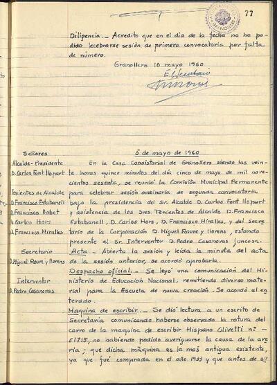 Actes de la Comissió Municipal Permanent, 5/5/1960, Sessió ordinària [Acta]