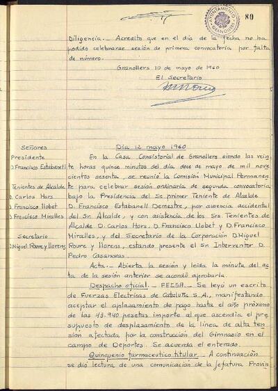 Actes de la Comissió Municipal Permanent, 12/5/1960, Sessió ordinària [Acta]