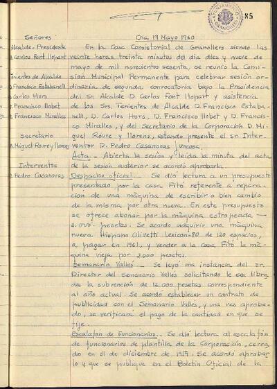 Actes de la Comissió Municipal Permanent, 19/5/1960, Sessió ordinària [Acta]