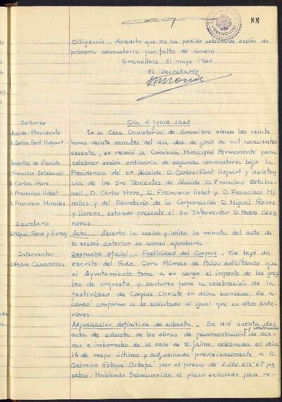 Actes de la Comissió Municipal Permanent, 2/6/1960, Sessió ordinària [Acta]