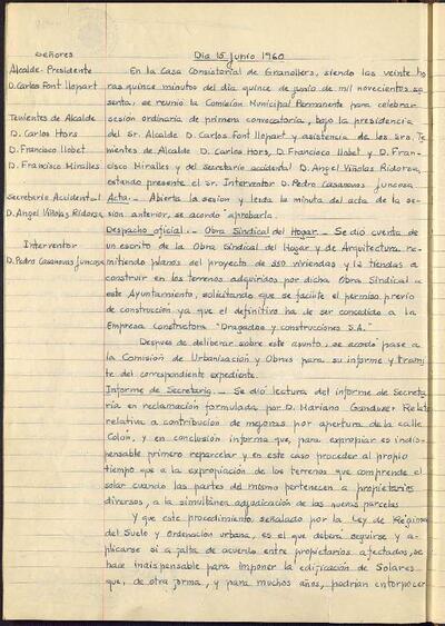 Actes de la Comissió Municipal Permanent, 15/6/1960, Sessió ordinària [Acta]