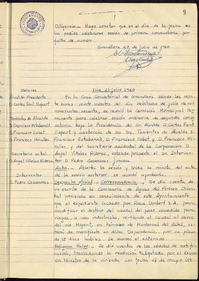 Actes de la Comissió Municipal Permanent, 21/7/1960, Sessió ordinària [Acta]