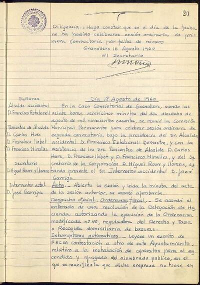 Actes de la Comissió Municipal Permanent, 18/8/1960, Sessió ordinària [Acta]