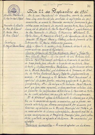 Actes de la Comissió Municipal Permanent, 22/9/1960, Sessió ordinària [Acta]