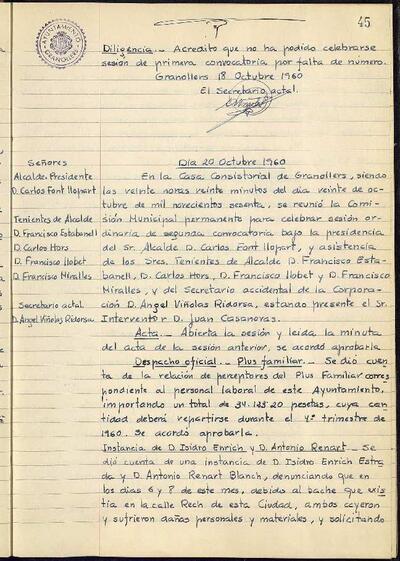 Actes de la Comissió Municipal Permanent, 20/10/1960, Sessió ordinària [Acta]