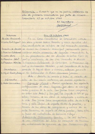 Actes de la Comissió Municipal Permanent, 27/10/1960, Sessió ordinària [Acta]