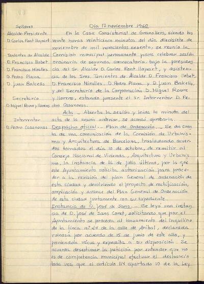 Actes de la Comissió Municipal Permanent, 17/11/1960, Sessió ordinària [Acta]