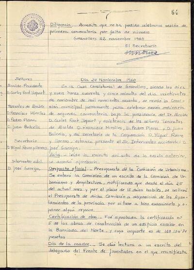 Actes de la Comissió Municipal Permanent, 24/11/1960, Sessió ordinària [Acta]