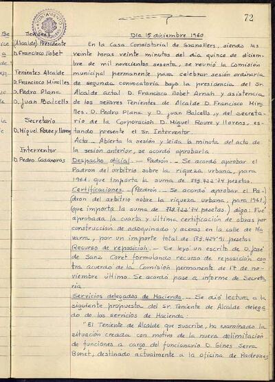 Actes de la Comissió Municipal Permanent, 15/12/1960, Sessió ordinària [Acta]