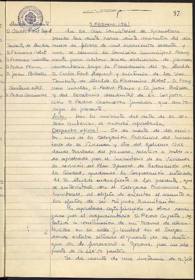 Actes de la Comissió Municipal Permanent, 9/1/1961, Sessió ordinària [Acta]