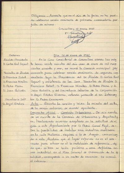 Actes de la Comissió Municipal Permanent, 12/1/1961, Sessió ordinària [Acta]