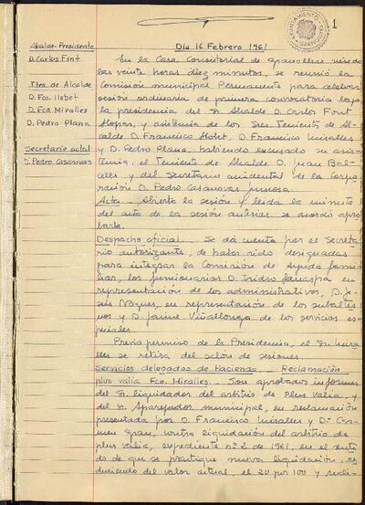 Actes de la Comissió Municipal Permanent, 16/2/1961, Sessió ordinària [Acta]