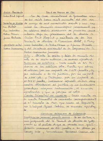 Actes de la Comissió Municipal Permanent, 2/3/1961, Sessió ordinària [Acta]