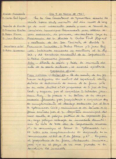 Actes de la Comissió Municipal Permanent, 9/3/1961, Sessió ordinària [Acta]