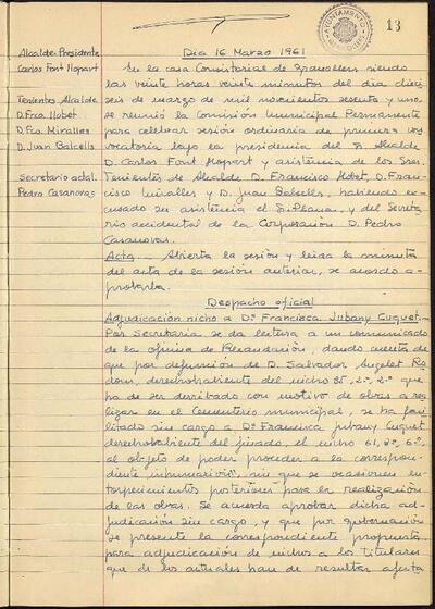 Actes de la Comissió Municipal Permanent, 16/3/1961, Sessió ordinària [Acta]