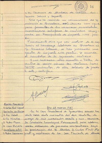 Actes de la Comissió Municipal Permanent, 23/3/1961, Sessió ordinària [Acta]