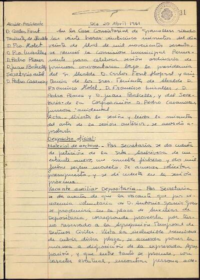 Actes de la Comissió Municipal Permanent, 20/4/1961, Sessió ordinària [Acta]