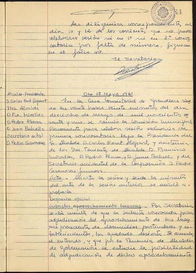 Actes de la Comissió Municipal Permanent, 18/5/1961, Sessió ordinària [Acta]