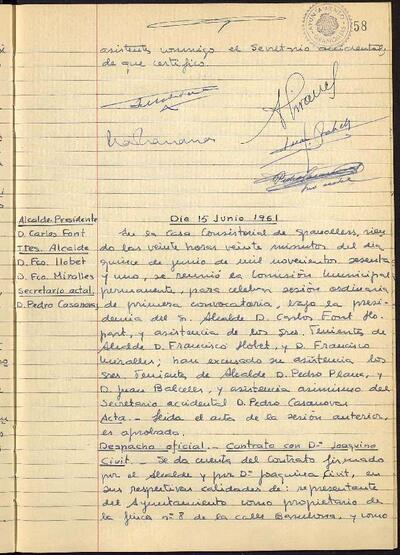 Actes de la Comissió Municipal Permanent, 15/6/1961, Sessió ordinària [Acta]