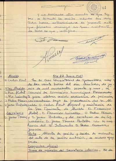 Actes de la Comissió Municipal Permanent, 22/6/1961, Sessió ordinària [Acta]