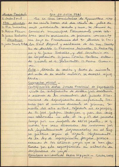 Actes de la Comissió Municipal Permanent, 20/7/1961, Sessió ordinària [Acta]