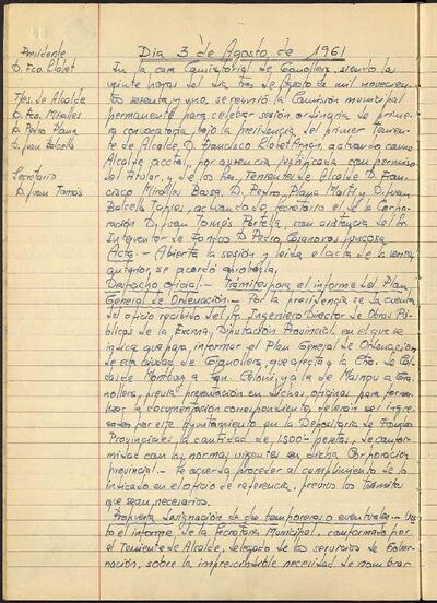 Actes de la Comissió Municipal Permanent, 3/8/1961, Sessió ordinària [Acta]