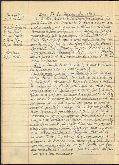 Actes de la Comissió Municipal Permanent, 17/8/1961, Sessió ordinària [Acta]