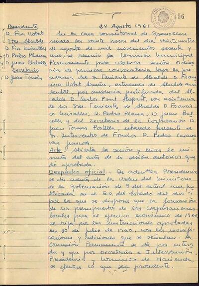 Actes de la Comissió Municipal Permanent, 24/8/1961, Sessió ordinària [Acta]