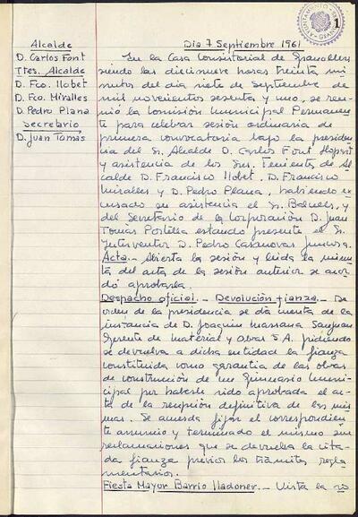 Actes de la Comissió Municipal Permanent, 7/9/1961, Sessió ordinària [Acta]