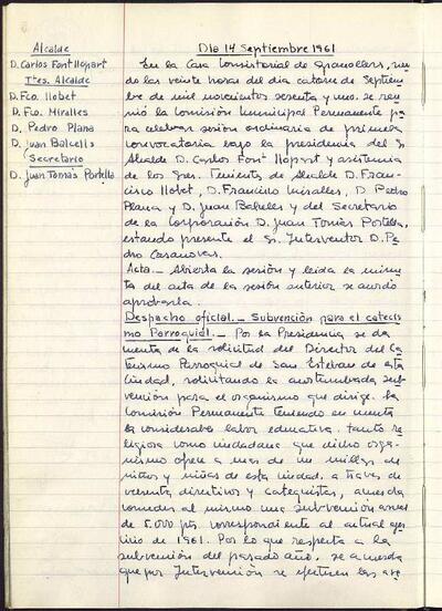 Actes de la Comissió Municipal Permanent, 14/9/1961, Sessió ordinària [Acta]