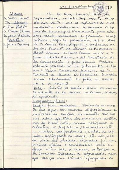 Actes de la Comissió Municipal Permanent, 21/9/1961, Sessió ordinària [Acta]