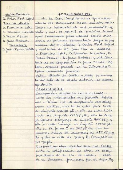 Actes de la Comissió Municipal Permanent, 28/9/1961, Sessió ordinària [Acta]