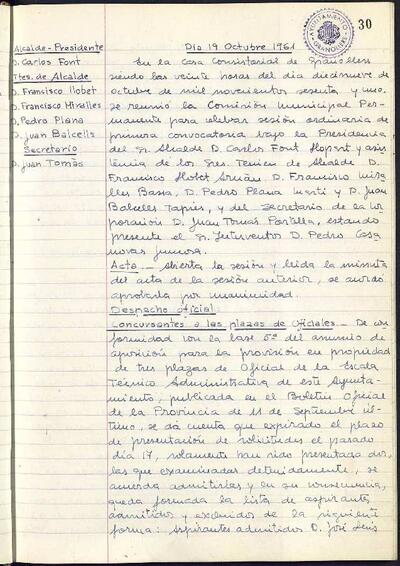 Actes de la Comissió Municipal Permanent, 19/10/1961, Sessió ordinària [Acta]