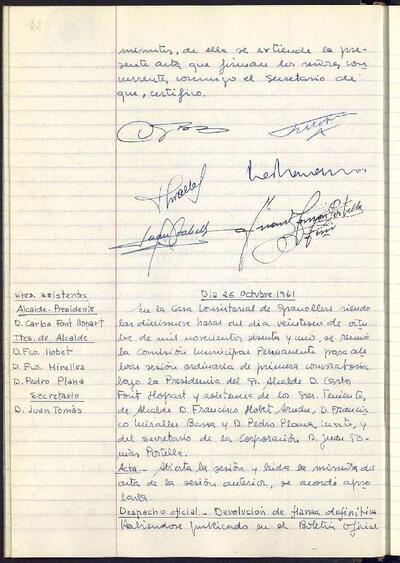 Actes de la Comissió Municipal Permanent, 26/10/1961, Sessió ordinària [Acta]