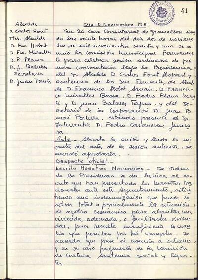 Actes de la Comissió Municipal Permanent, 2/11/1961, Sessió ordinària [Acta]