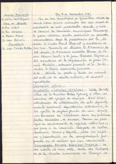 Actes de la Comissió Municipal Permanent, 9/11/1961, Sessió ordinària [Acta]